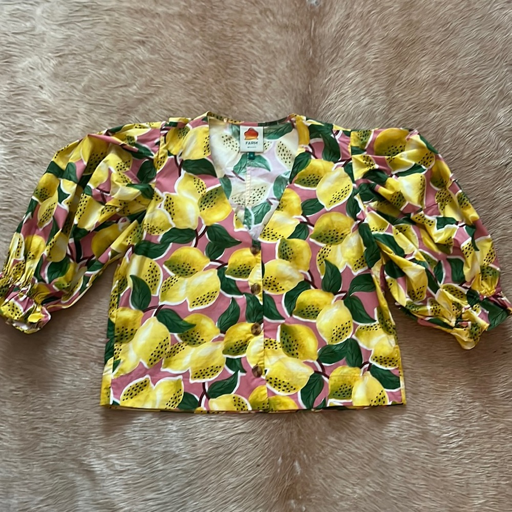 FARM Rio Yellow Lemon Print Puff Sleeve Top
